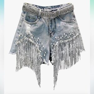 Denim Shorts Hot Pants Jewels Sequin Fringe Western Glam Y2K Festival, medium